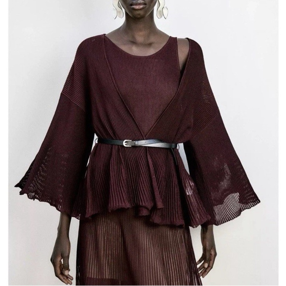 Zara NWT Cardigan Rib Knit With Belt Red Burgundy Size S ref 0014/014